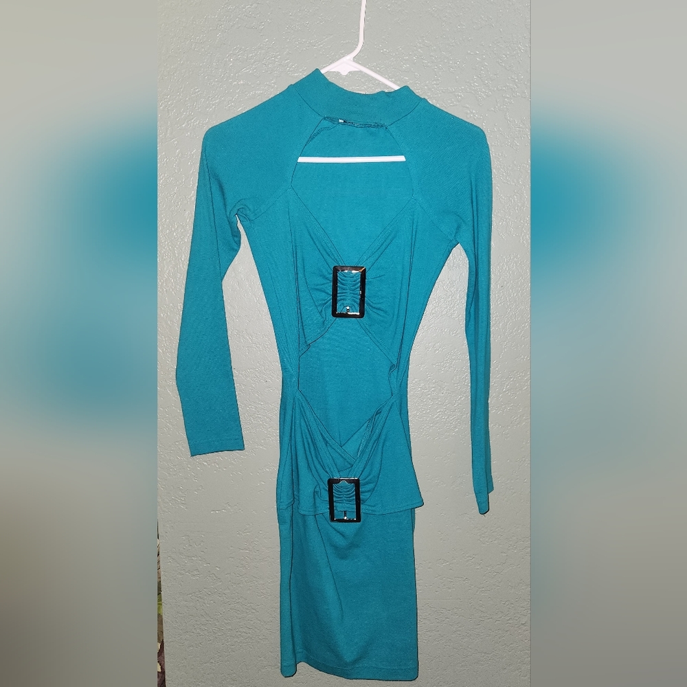 Teal fitted women's long sleeve dress - Used